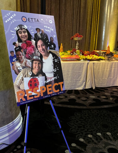 ETTA event poster on an easel near a ballroom entrance. The buffet can be seen through the entrance.
